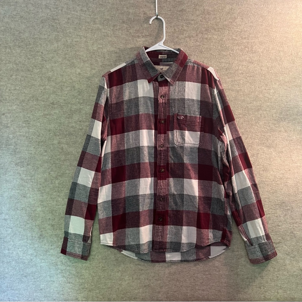 Hollister Men's Stretch Flannel Plaid Shirt - Burgundy and Gray Pla- Size Medium